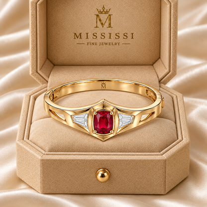 MISSISSI RB35 SCARLET CREST cushion lab-grown ruby diamond bangle, yellow gold official box; design visualization