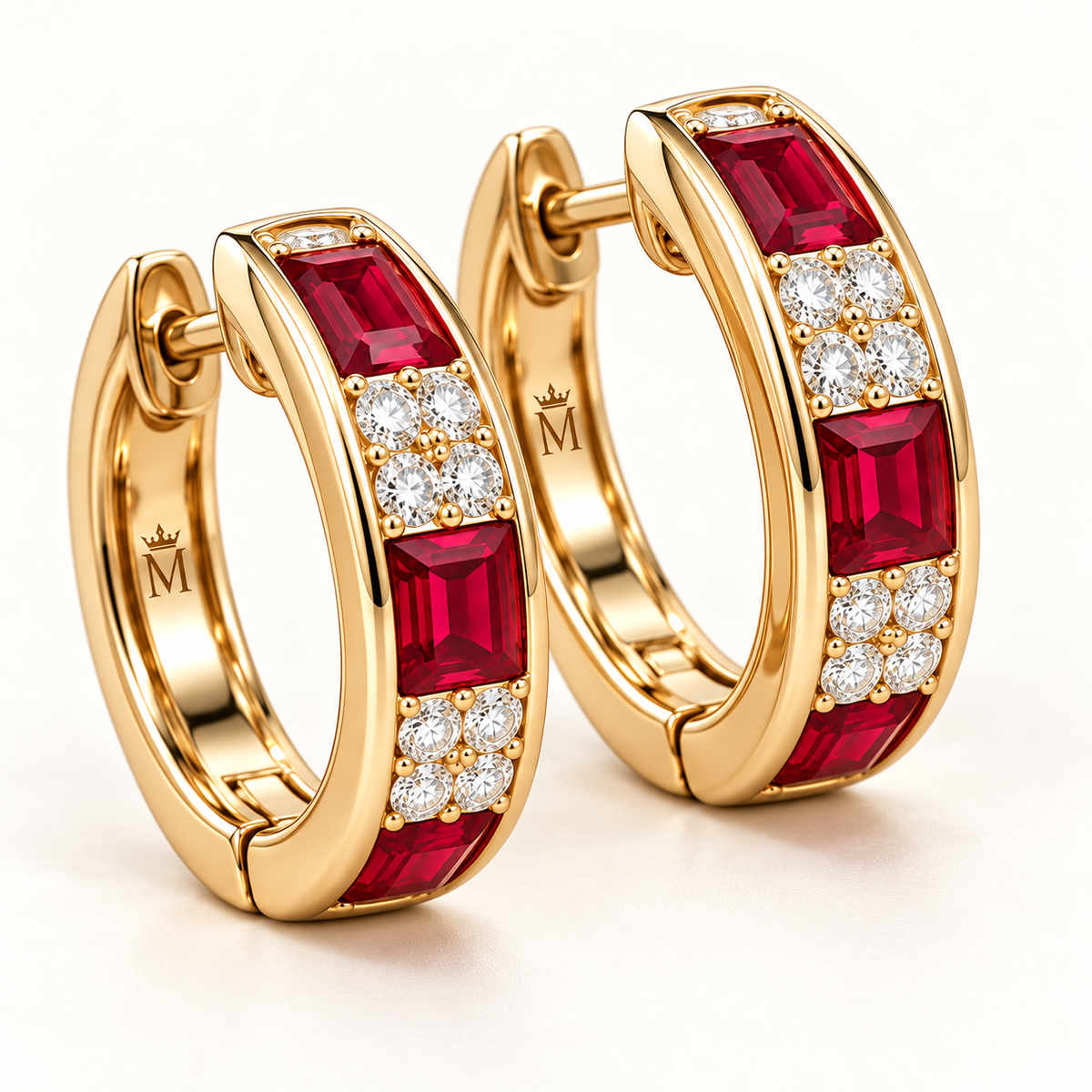 MISSISSI RB38 SCARLET ARC ruby diamond hoop earrings, crown m engraving detail; design visualization