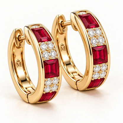 MISSISSI RB38 SCARLET ARC ruby diamond hoop earrings, crown m engraving detail; design visualization