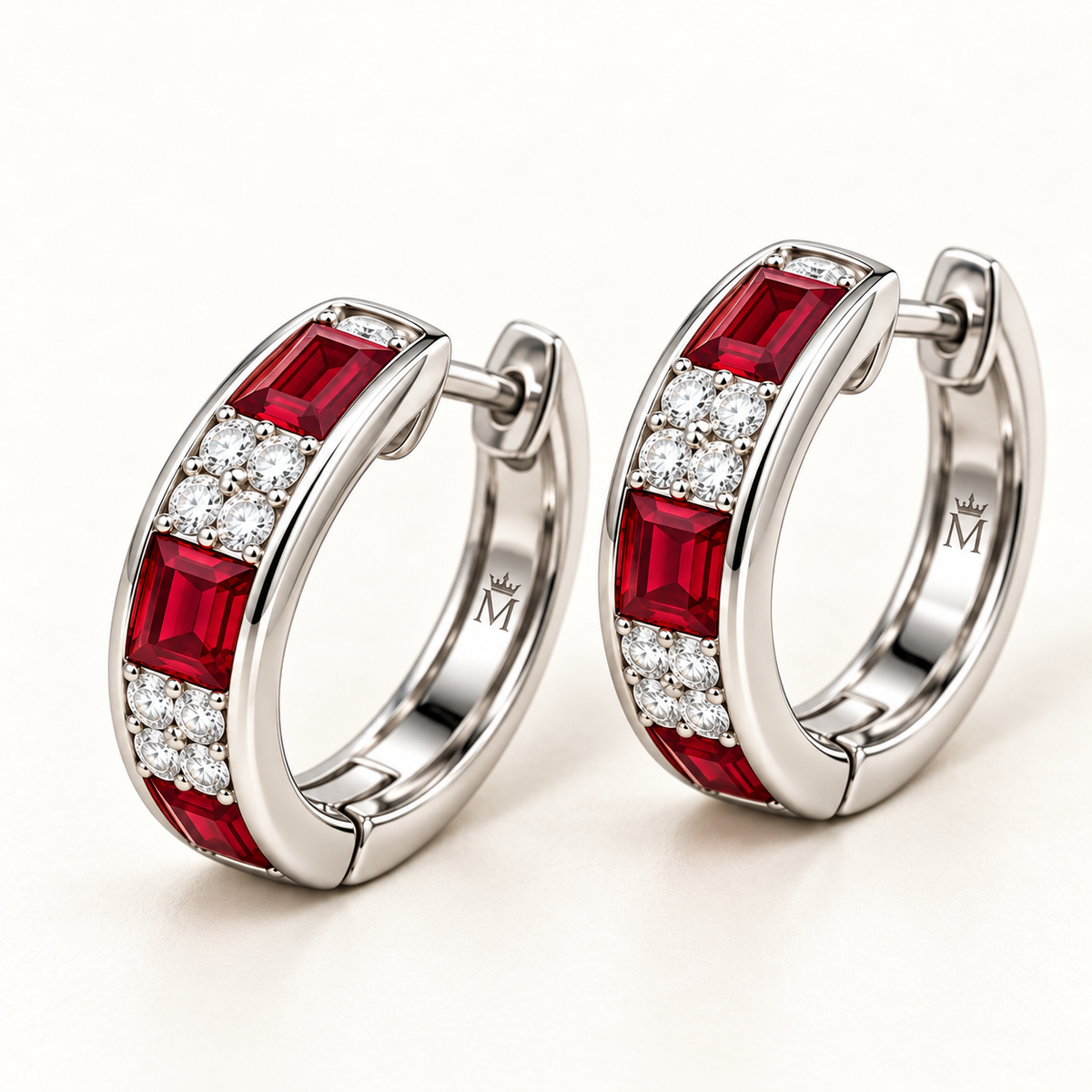 MISSISSI RB38 SCARLET ARC ruby diamond hoop earrings, white metal angle; design visualization
