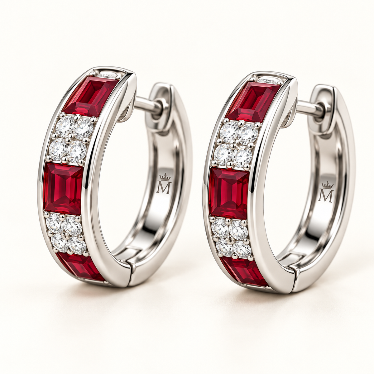 MISSISSI RB38 SCARLET ARC ruby diamond hoop earrings, white metal hero; design visualization