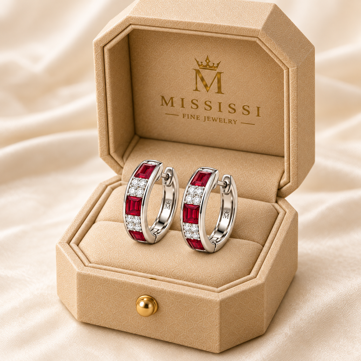 MISSISSI RB38 SCARLET ARC ruby hoop earrings, white metal official box; design visualization