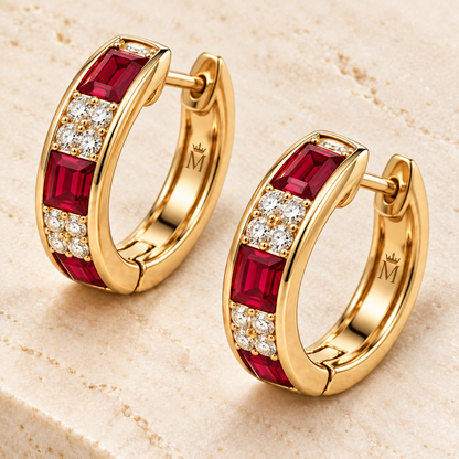 MISSISSI RB38 SCARLET ARC ruby diamond hoop earrings, yellow gold angle; design visualization