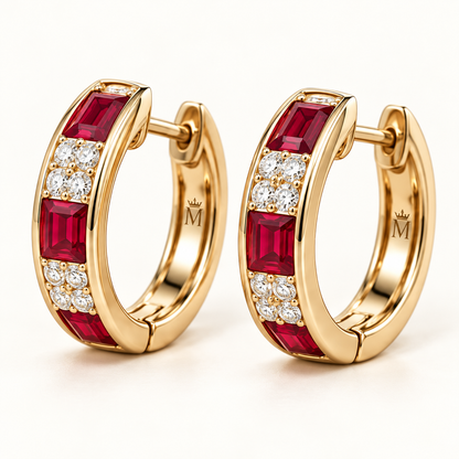 MISSISSI RB38 SCARLET ARC Emerald-Cut Lab-Grown Ruby Hoop Earrings, yellow gold hero; design visualization