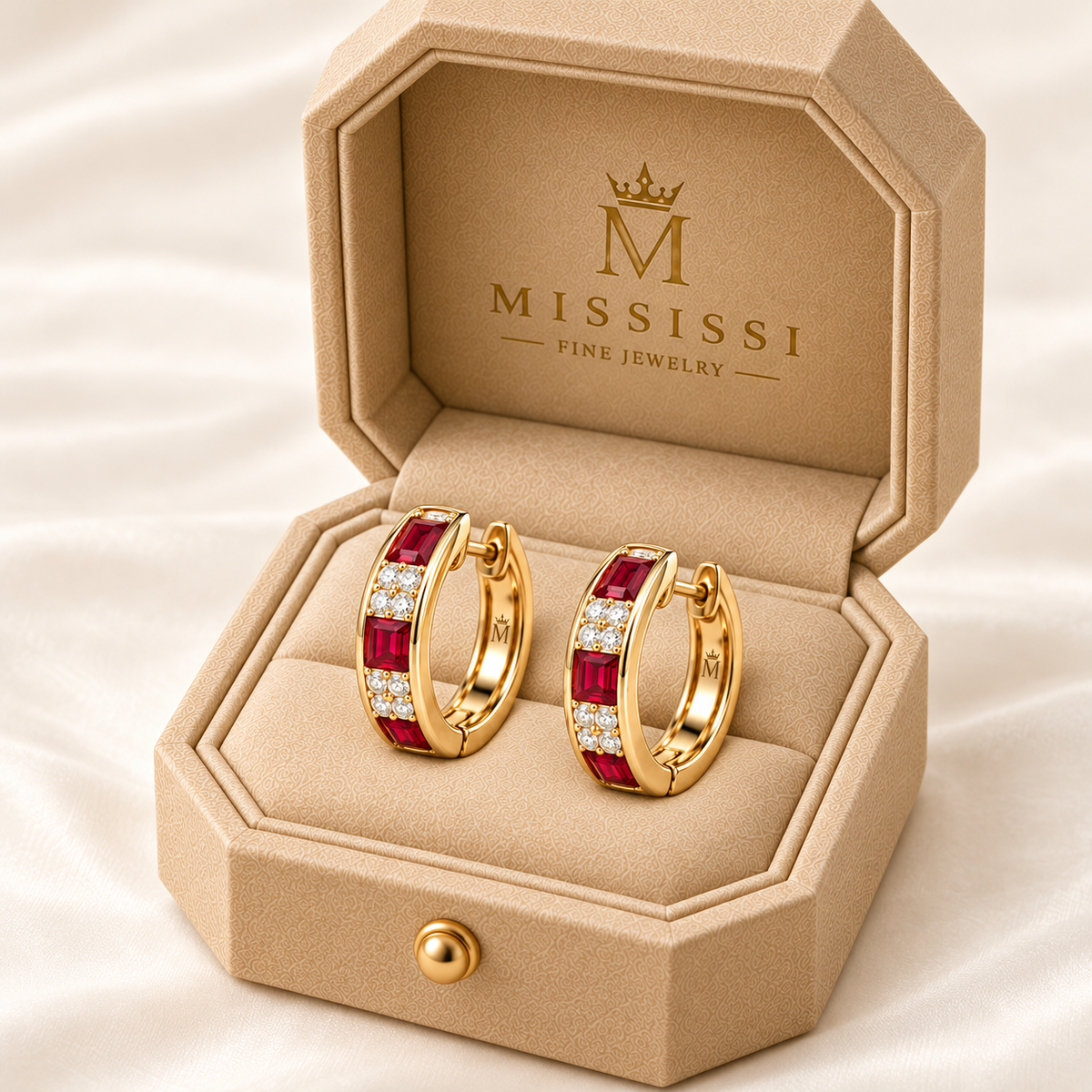MISSISSI RB38 SCARLET ARC ruby hoop earrings, yellow gold official box; design visualization