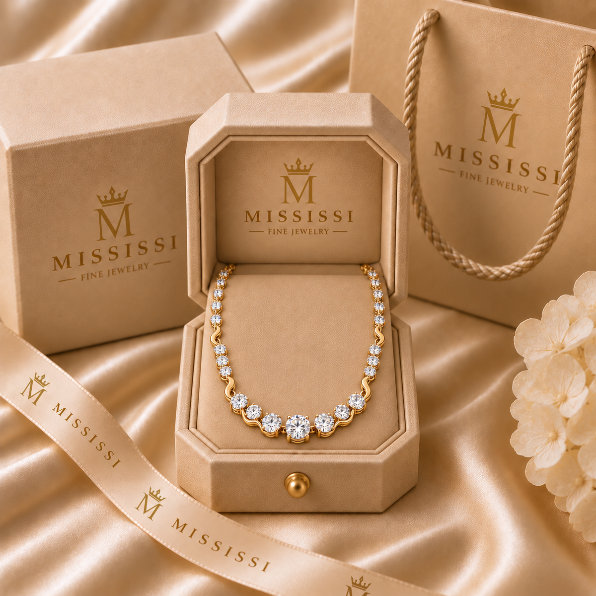 AI design visualization of Ripplelight Graduated Lab-Grown Diamond Line Necklace — packaging visualization