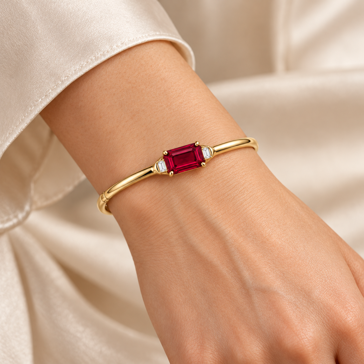 MISSISSI Crimson Span Lab-Grown Ruby & Diamond Bangle, wearing view; design visualization
