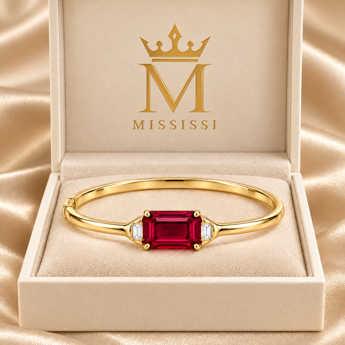 MISSISSI Crimson Span Lab-Grown Ruby & Diamond Bangle, branded packaging view; design visualization
