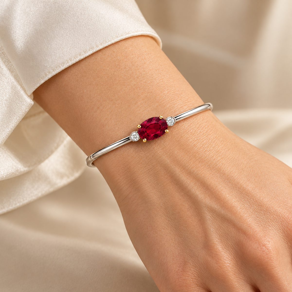 MISSISSI Ruby Duality Lab-Grown Ruby & Diamond Bangle, wearing view; design visualization