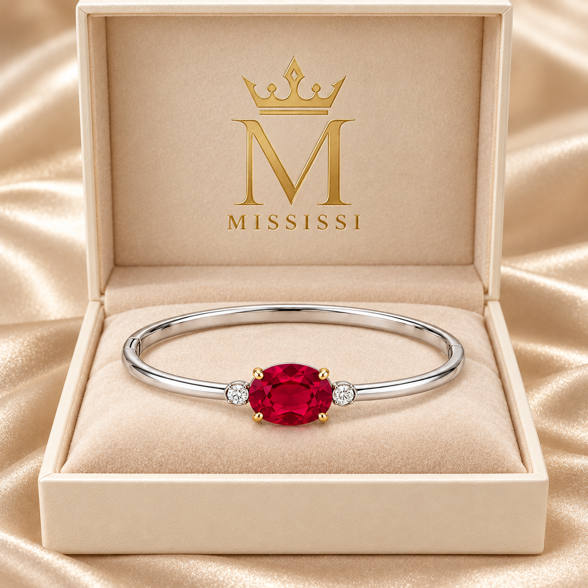 MISSISSI Ruby Duality Lab-Grown Ruby & Diamond Bangle, branded packaging view; design visualization
