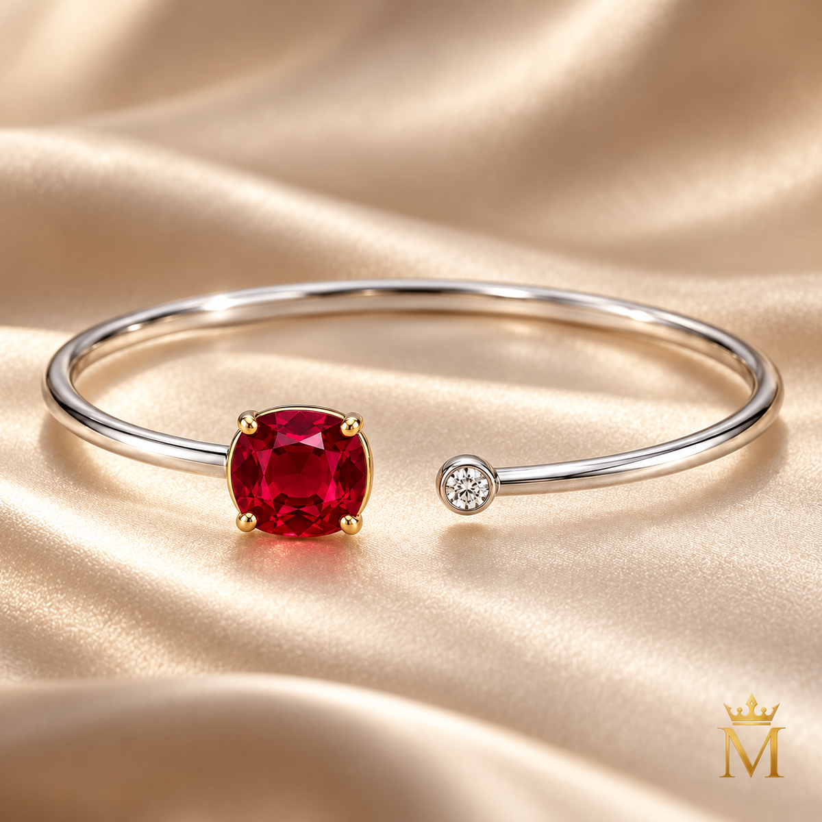 MISSISSI Scarlet Encounter Lab-Grown Ruby & Diamond Bangle, three-quarter view; design visualization