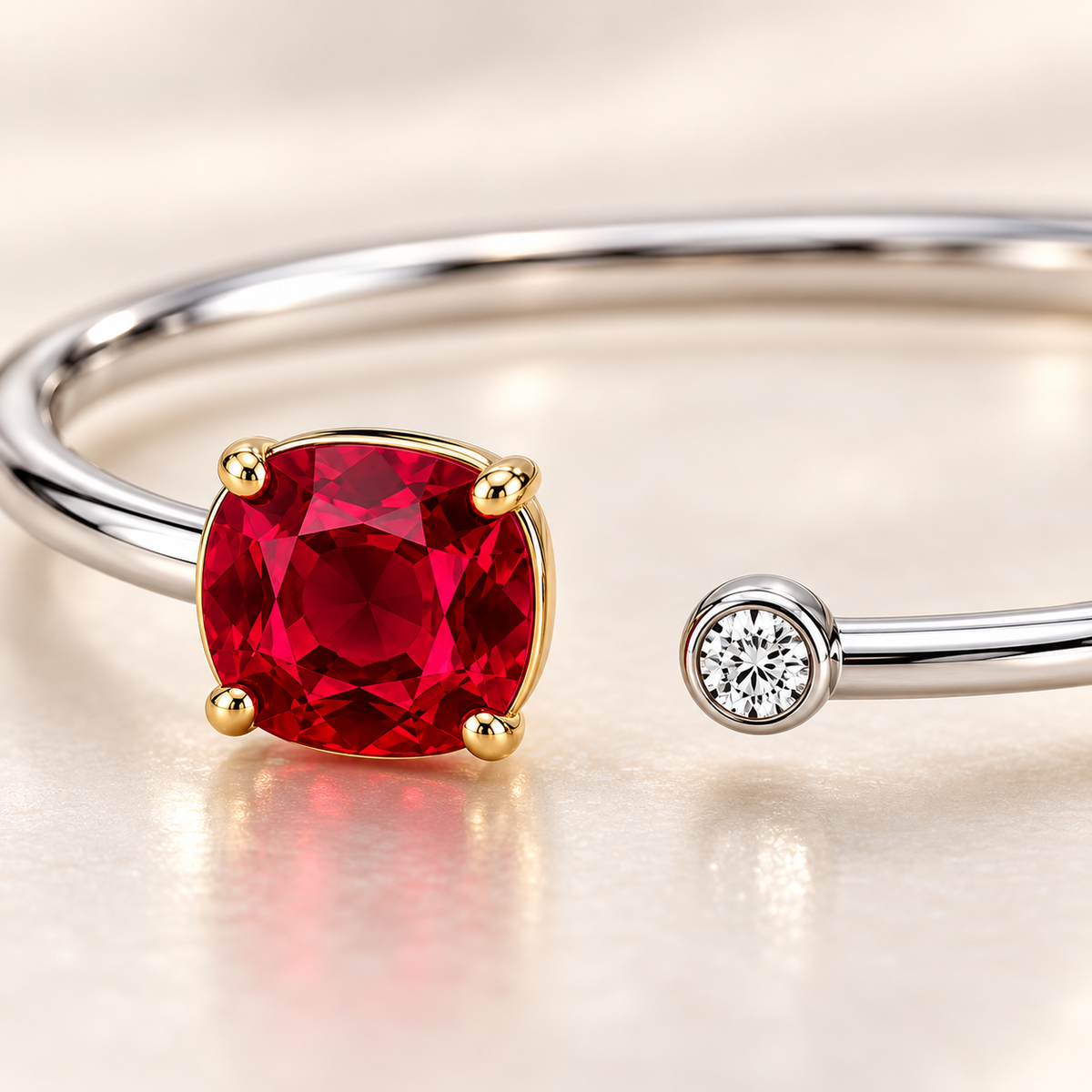 MISSISSI Scarlet Encounter Lab-Grown Ruby & Diamond Bangle, close gemstone detail; design visualization