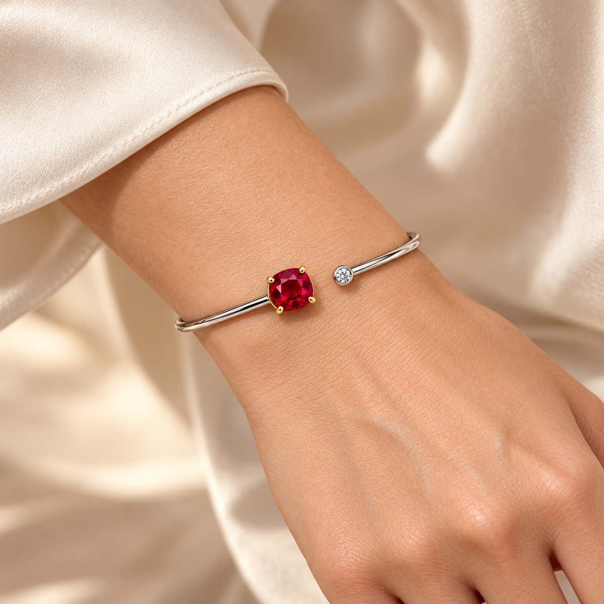MISSISSI Scarlet Encounter Lab-Grown Ruby & Diamond Bangle, wearing view; design visualization
