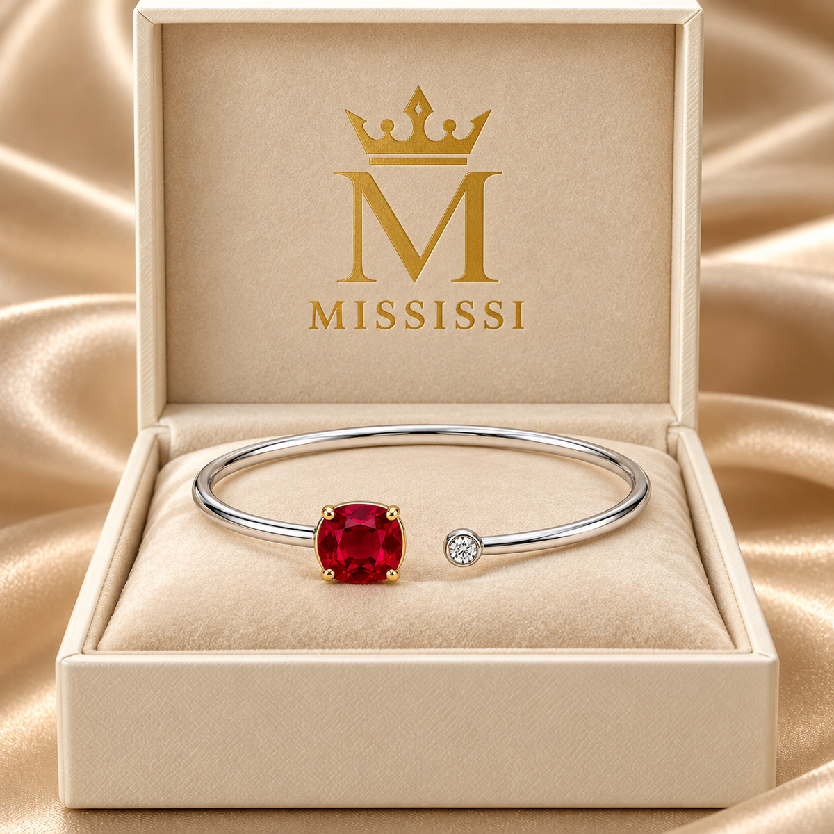 MISSISSI Scarlet Encounter Lab-Grown Ruby & Diamond Bangle, branded packaging view; design visualization