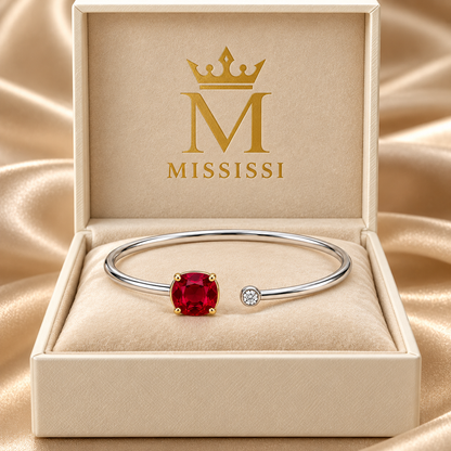 MISSISSI Scarlet Encounter Lab-Grown Ruby & Diamond Bangle, branded packaging view; design visualization