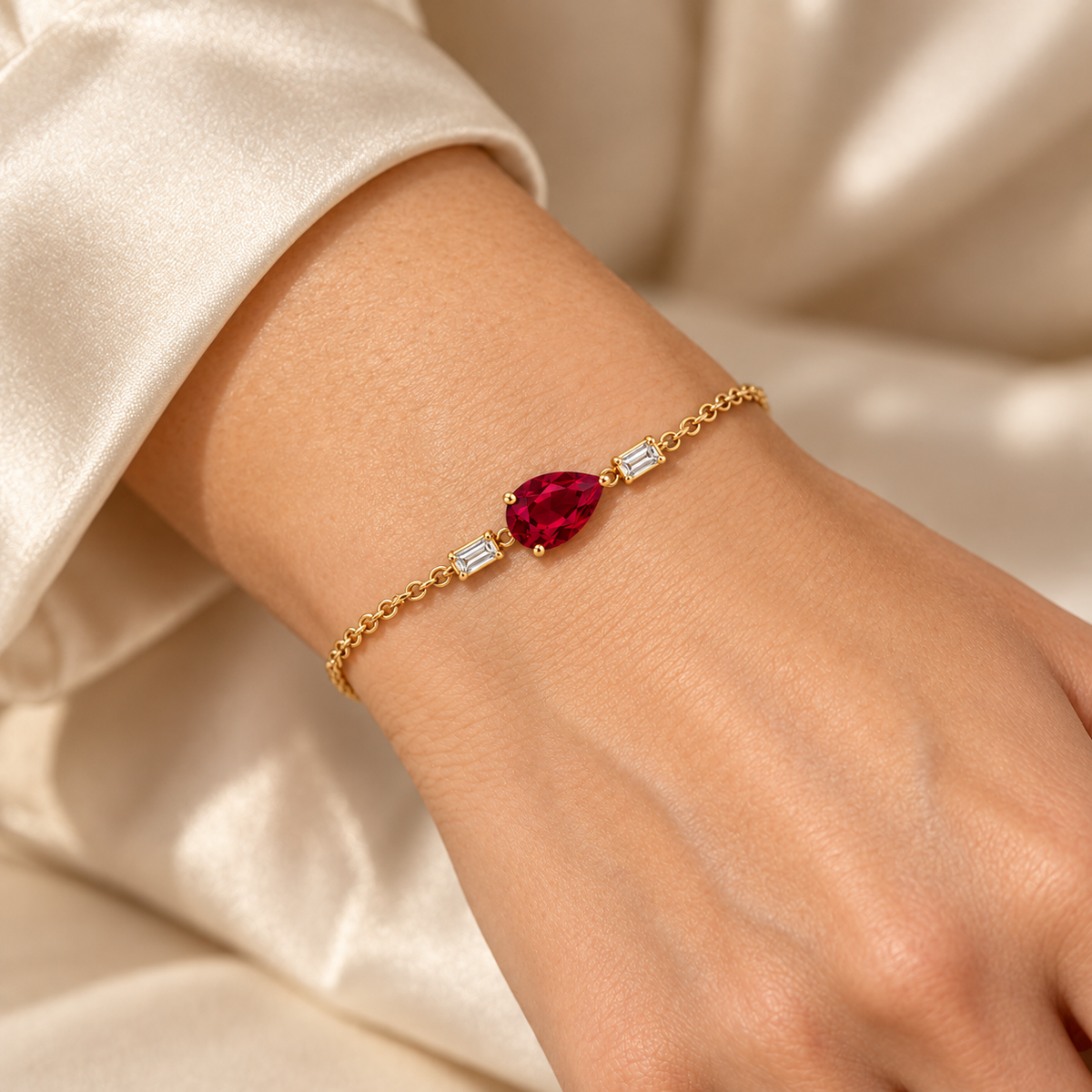 MISSISSI Ruby Stream Lab-Grown Ruby & Diamond Bracelet, wearing view; design visualization