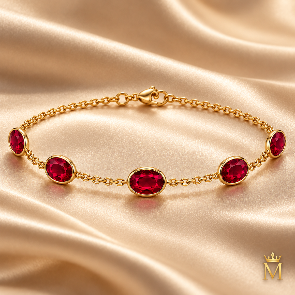 MISSISSI Five Scarlet Notes Lab-Grown Ruby Bracelet, three-quarter view; design visualization