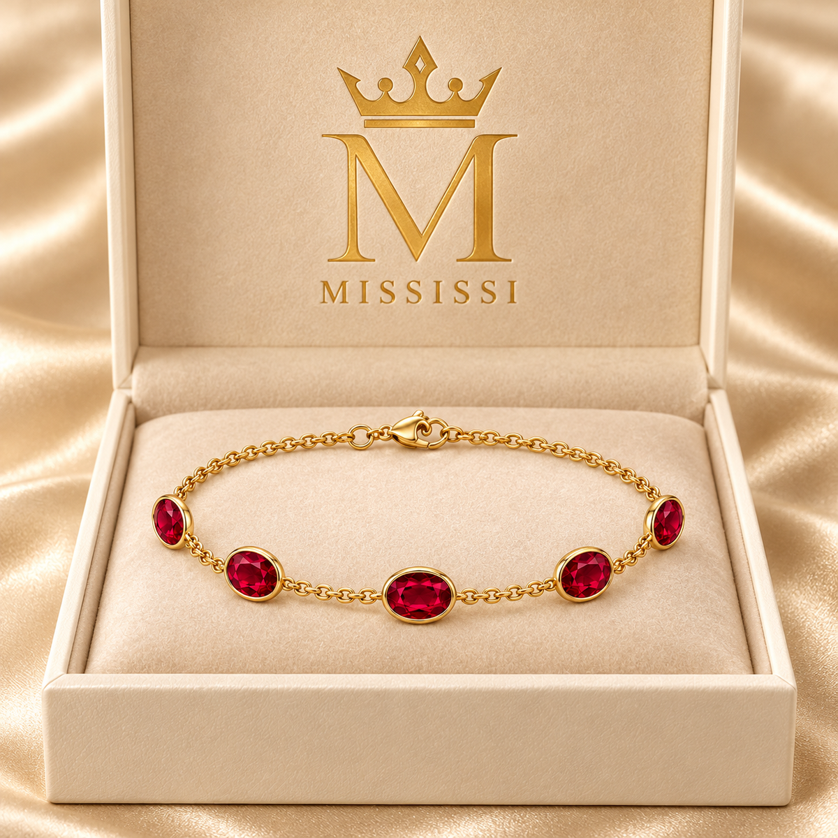 MISSISSI Five Scarlet Notes Lab-Grown Ruby Bracelet, branded packaging view; design visualization