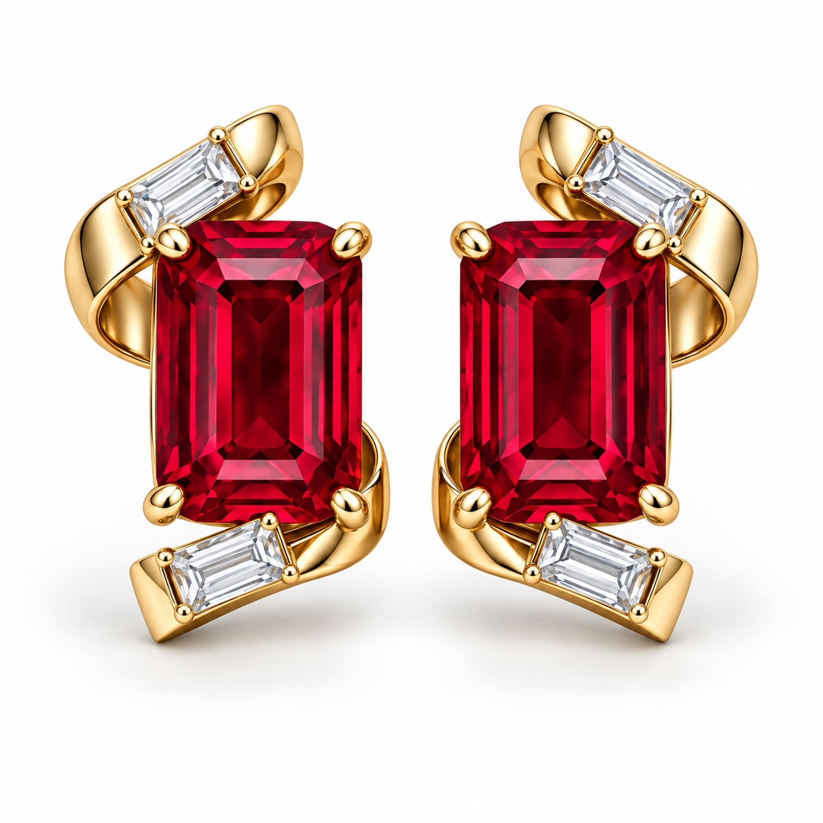 MISSISSI ME01 emerald-cut lab-grown ruby ribbon stud earrings with baguette lab-grown diamonds in yellow gold, pair on a white background; design visualization