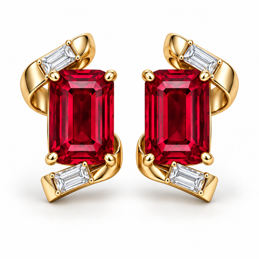 MISSISSI ME01 emerald-cut lab-grown ruby ribbon stud earrings with baguette lab-grown diamonds in yellow gold, pair on a white background; design visualization