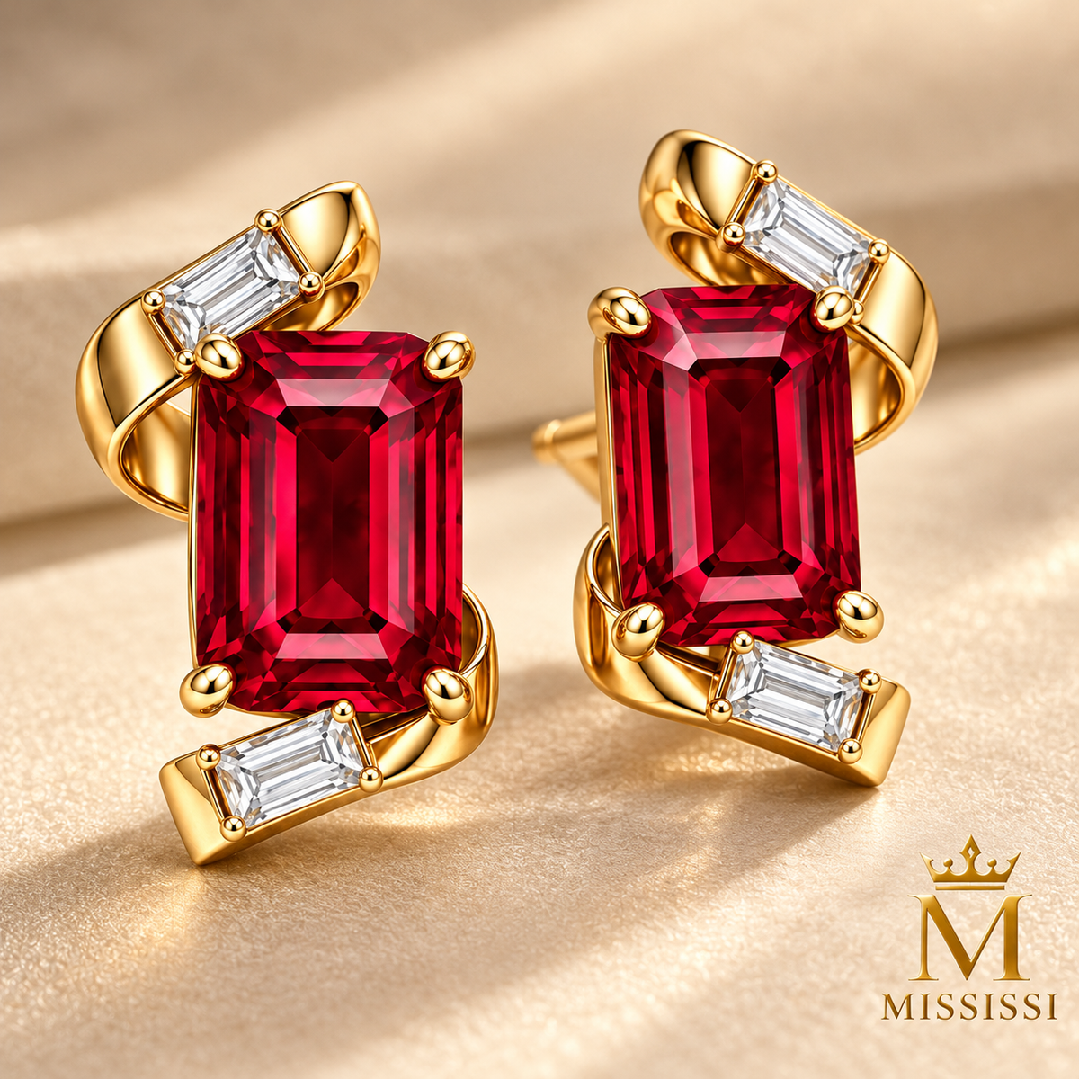 MISSISSI ME01 emerald-cut lab-grown ruby ribbon stud earrings with baguette lab-grown diamonds in yellow gold, pair shown at a three-quarter angle on champagne; design visualization