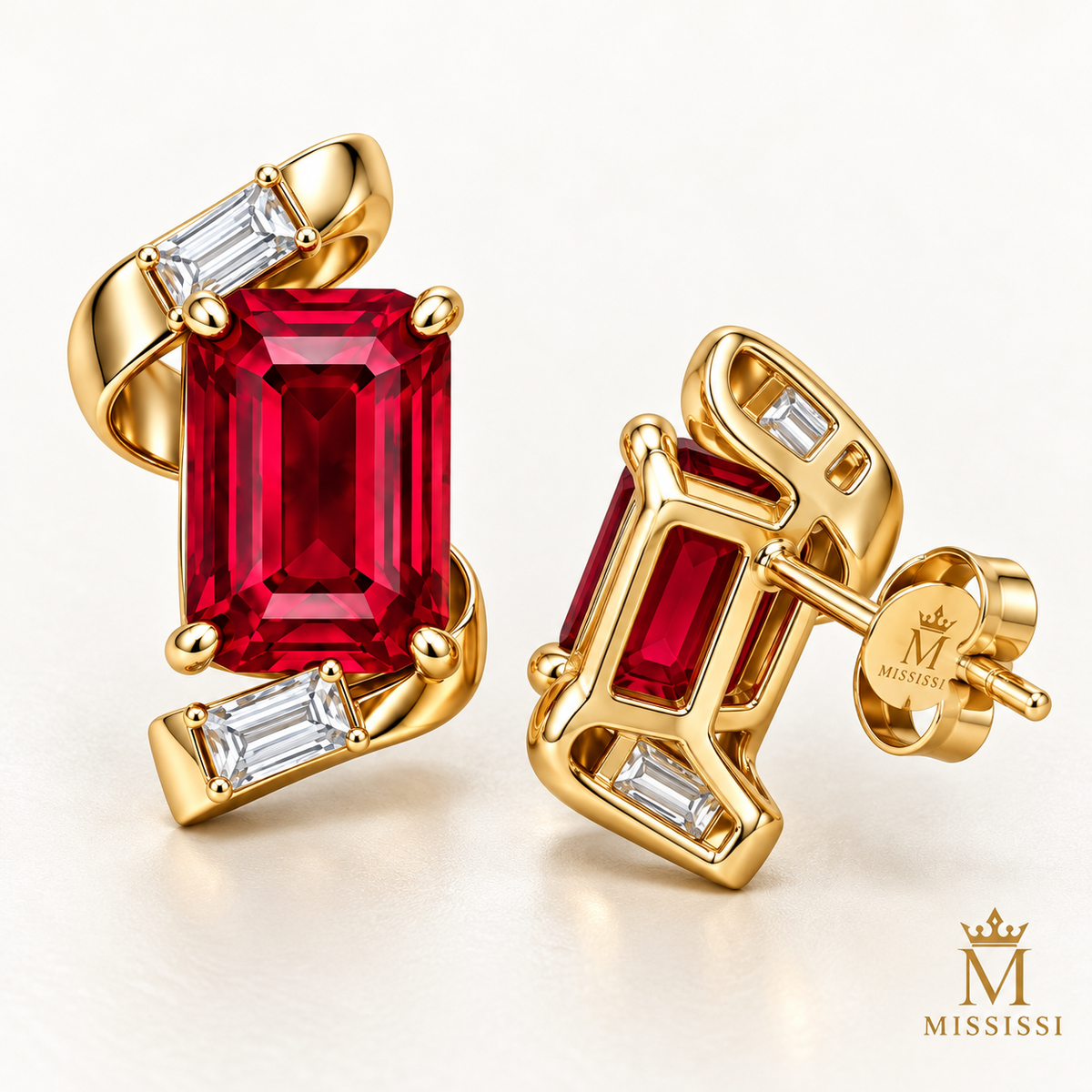 MISSISSI ME01 emerald-cut lab-grown ruby ribbon stud earrings with baguette lab-grown diamonds in yellow gold, proposed back setting and MISSISSI engraving detail; design visualization