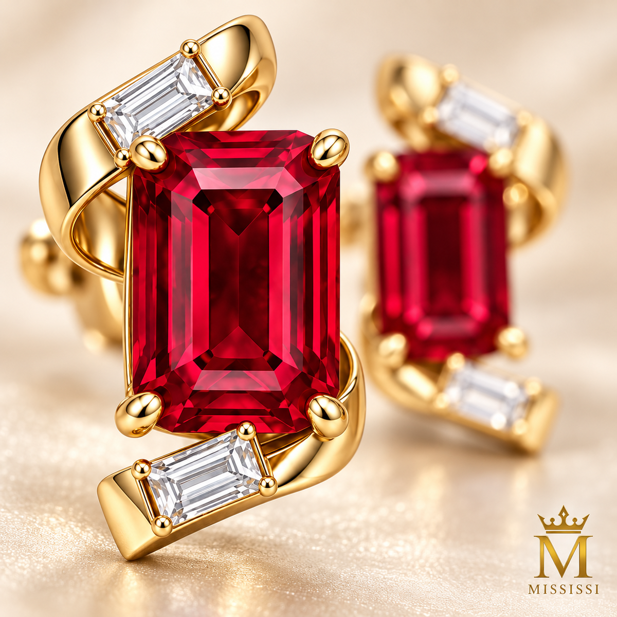 MISSISSI ME01 emerald-cut lab-grown ruby ribbon stud earrings with baguette lab-grown diamonds in yellow gold, close-up of facets and setting; design visualization