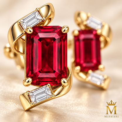 MISSISSI ME01 emerald-cut lab-grown ruby ribbon stud earrings with baguette lab-grown diamonds in yellow gold, close-up of facets and setting; design visualization