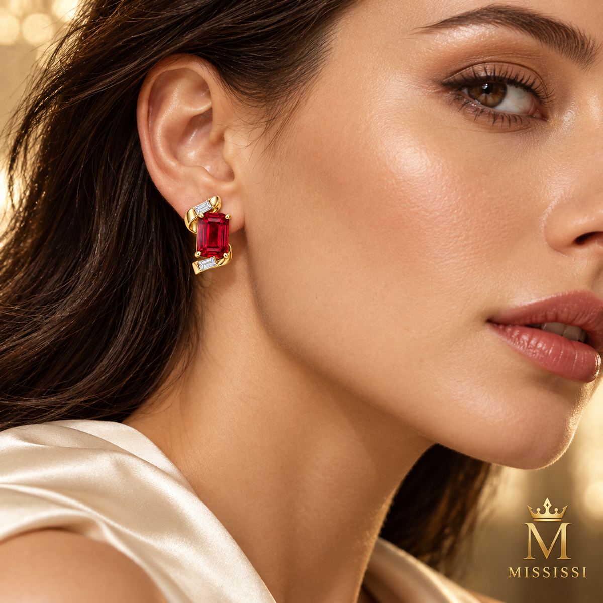 MISSISSI ME01 emerald-cut lab-grown ruby ribbon stud earrings with baguette lab-grown diamonds in yellow gold, worn by an adult model; design visualization