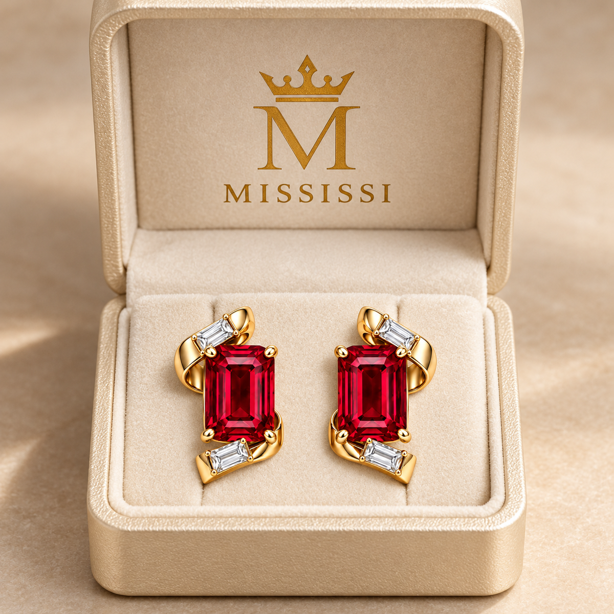 MISSISSI ME01 emerald-cut lab-grown ruby ribbon stud earrings with baguette lab-grown diamonds in yellow gold, pair in a MISSISSI-branded packaging concept; design visualization