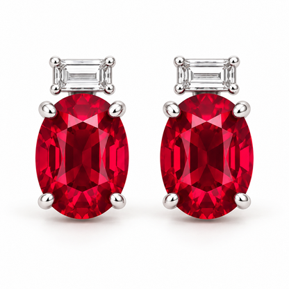 MISSISSI ME02 oval lab-grown ruby studs with horizontal baguette lab-grown diamonds in white gold, pair on a white background; design visualization