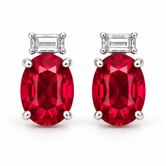 MISSISSI ME02 oval lab-grown ruby studs with horizontal baguette lab-grown diamonds in white gold, pair on a white background; design visualization