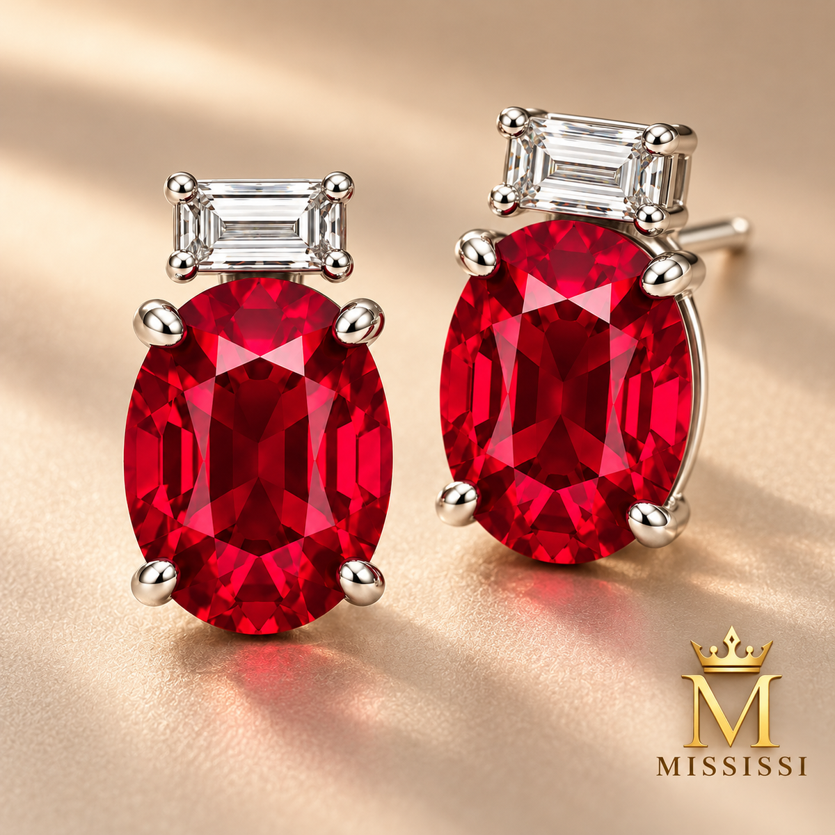 MISSISSI ME02 oval lab-grown ruby studs with horizontal baguette lab-grown diamonds in white gold, pair shown at a three-quarter angle on champagne; design visualization