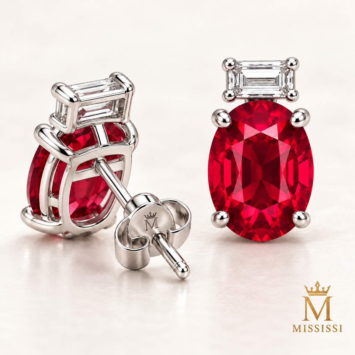 MISSISSI ME02 oval lab-grown ruby studs with horizontal baguette lab-grown diamonds in white gold, proposed back setting and MISSISSI engraving detail; design visualization