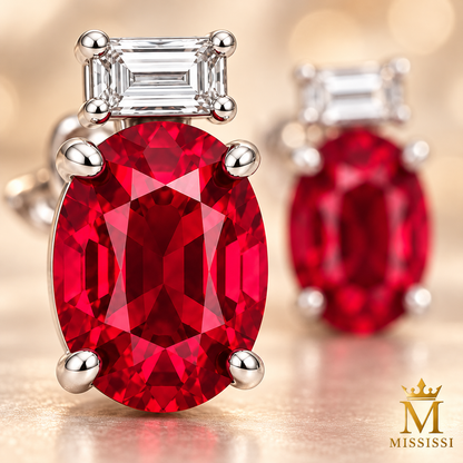 MISSISSI ME02 oval lab-grown ruby studs with horizontal baguette lab-grown diamonds in white gold, close-up of facets and setting; design visualization