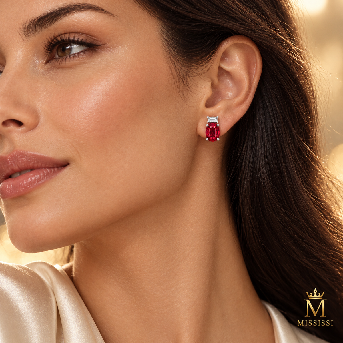 MISSISSI ME02 oval lab-grown ruby studs with horizontal baguette lab-grown diamonds in white gold, worn by an adult model; design visualization
