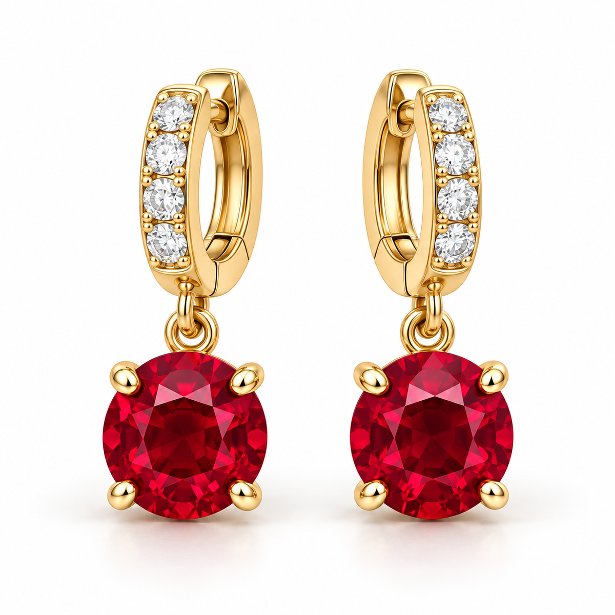 MISSISSI ME05 round lab-grown ruby drops on lab-grown diamond huggie hoops in yellow gold, pair on a white background; design visualization