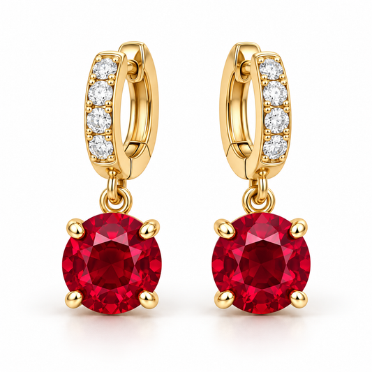 MISSISSI ME05 round lab-grown ruby drops on lab-grown diamond huggie hoops in yellow gold, pair on a white background; design visualization