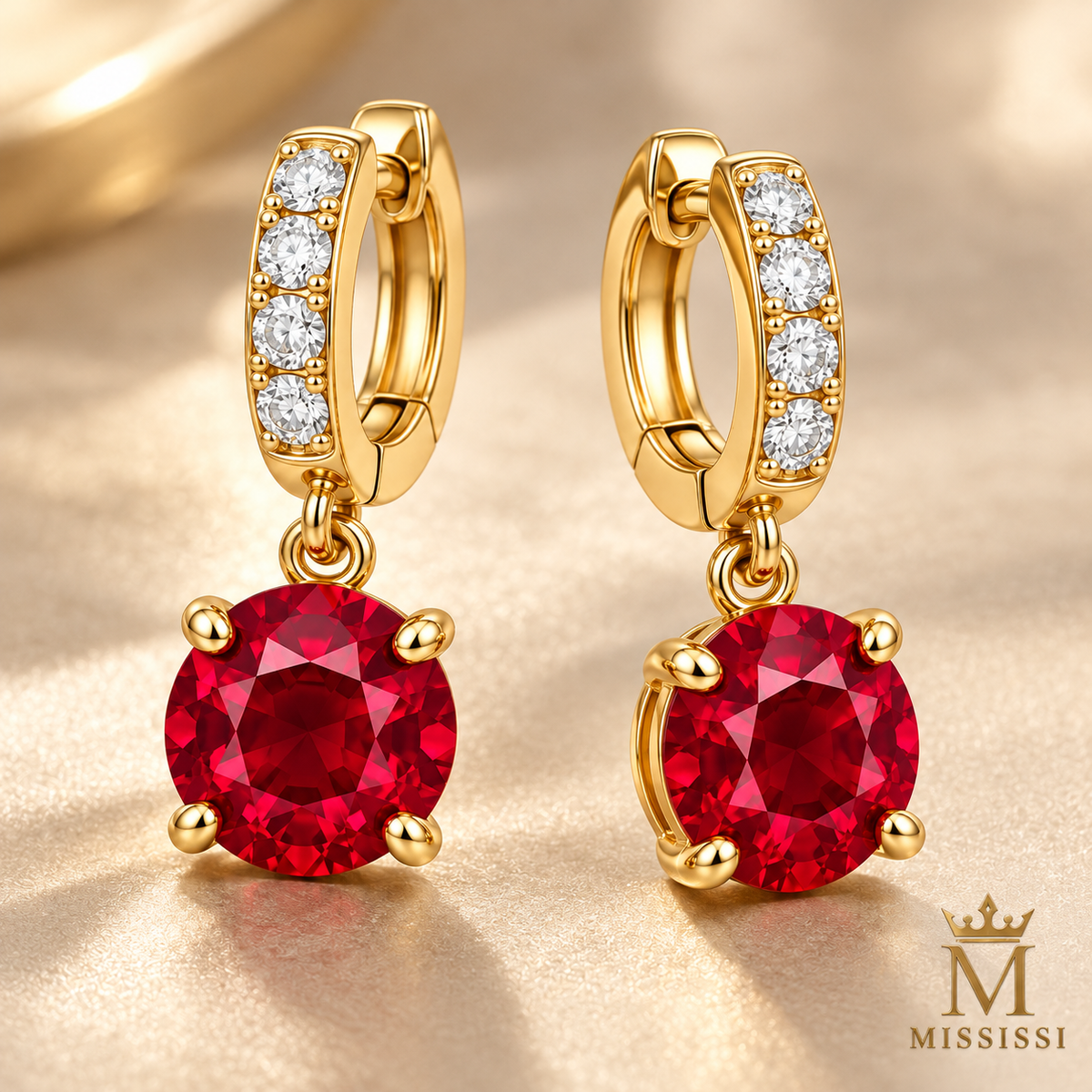 MISSISSI ME05 round lab-grown ruby drops on lab-grown diamond huggie hoops in yellow gold, pair shown at a three-quarter angle on champagne; design visualization