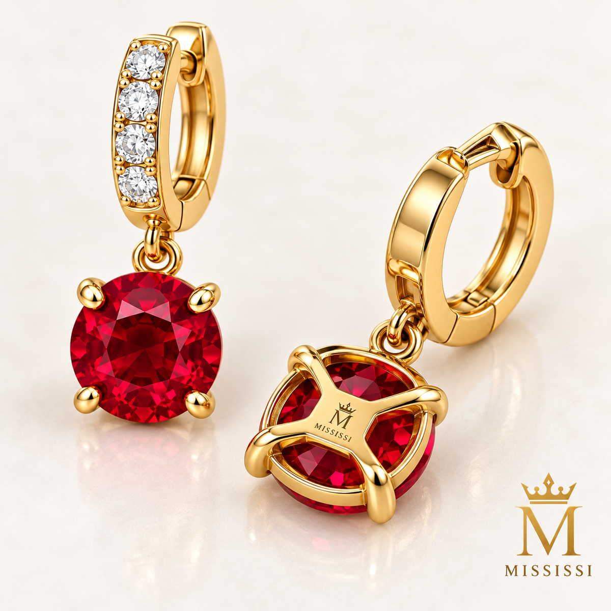 MISSISSI ME05 round lab-grown ruby drops on lab-grown diamond huggie hoops in yellow gold, proposed back setting and MISSISSI engraving detail; design visualization