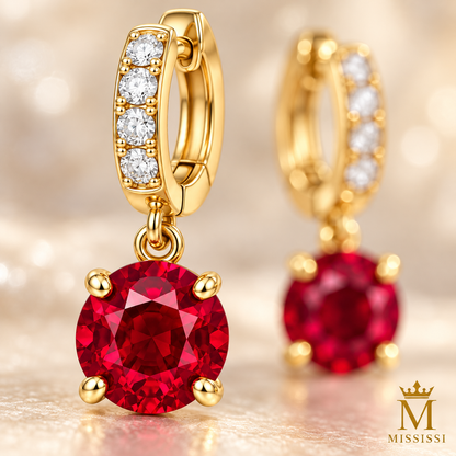 MISSISSI ME05 round lab-grown ruby drops on lab-grown diamond huggie hoops in yellow gold, close-up of facets and setting; design visualization