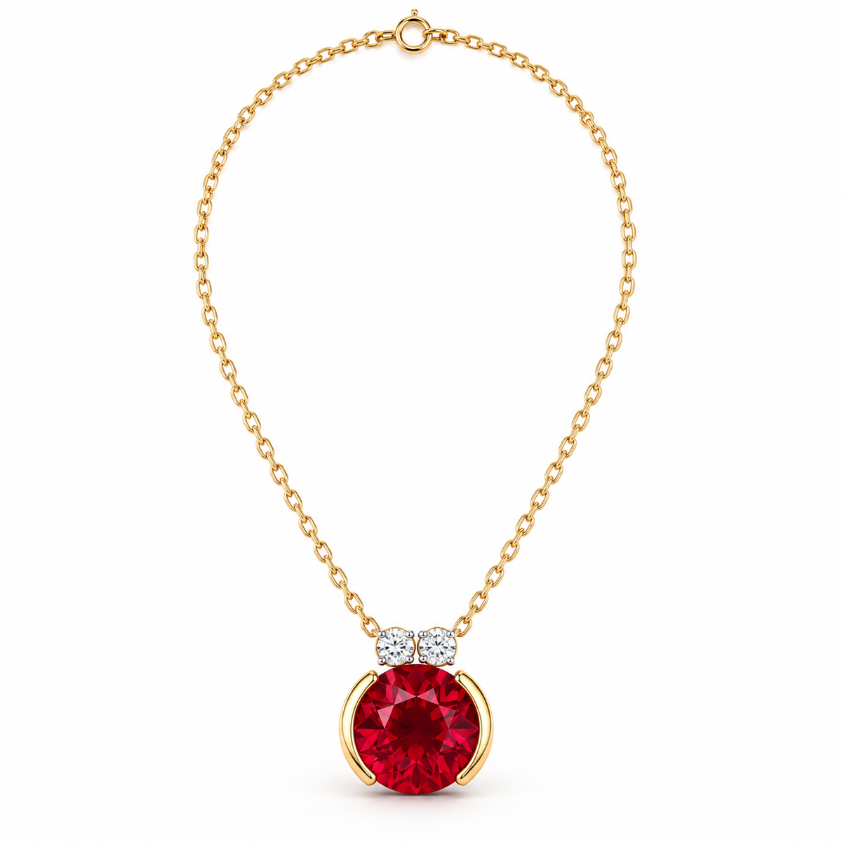 MISSISSI MN05 round lab-grown ruby necklace with two lab-grown diamond accents and yellow-gold half-bezel design on white, design visualization