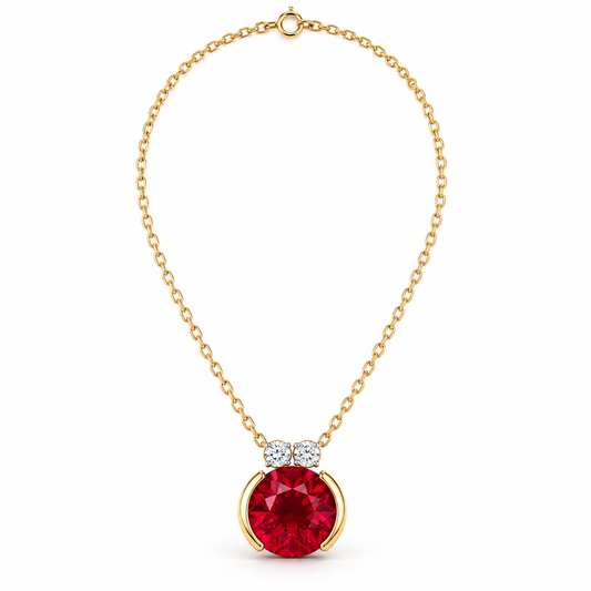 MISSISSI MN05 round lab-grown ruby necklace with two lab-grown diamond accents and yellow-gold half-bezel design on white, design visualization