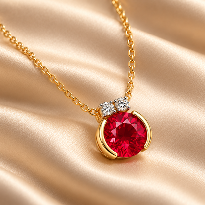 Three-quarter design visualization of MISSISSI MN05 round ruby and two-diamond necklace on champagne satin