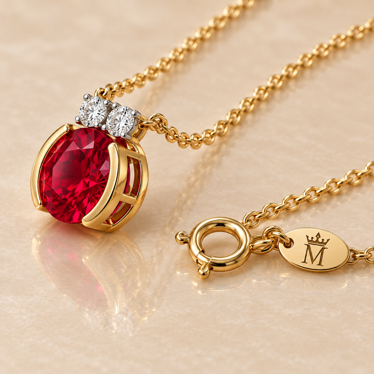 MISSISSI MN05 side and back setting detail with clasp tag carrying the crown and M emblem, design visualization
