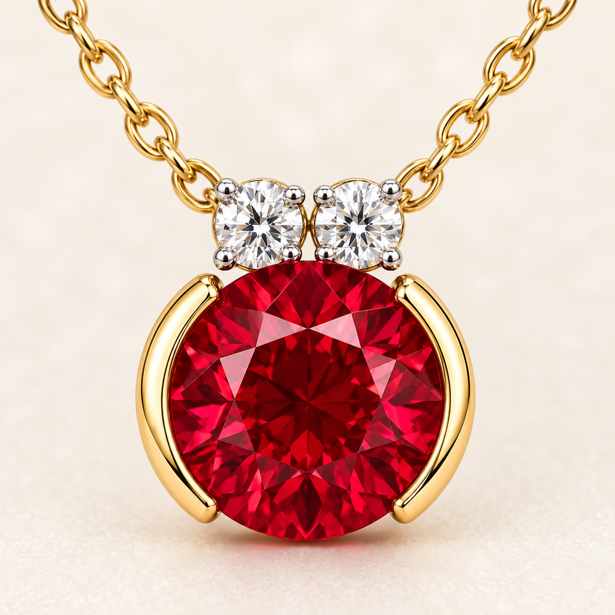 Macro design visualization of MISSISSI MN05 round crimson ruby, two round diamond accents and polished yellow half-bezel arcs