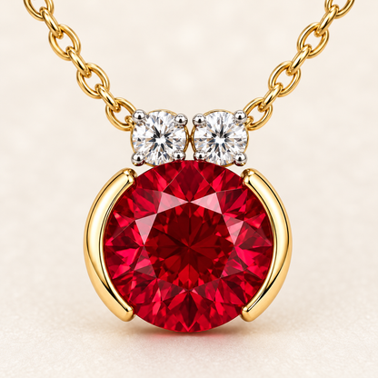 Macro design visualization of MISSISSI MN05 round crimson ruby, two round diamond accents and polished yellow half-bezel arcs