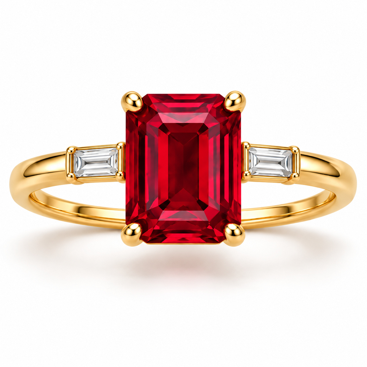 MISSISSI MR01 emerald-cut lab-grown ruby ring in yellow gold with step-cut diamond side stones, main front view; design visualization