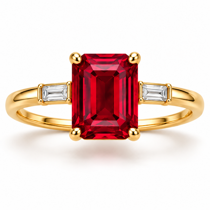 MISSISSI MR01 emerald-cut lab-grown ruby ring in yellow gold with step-cut diamond side stones, main front view; design visualization
