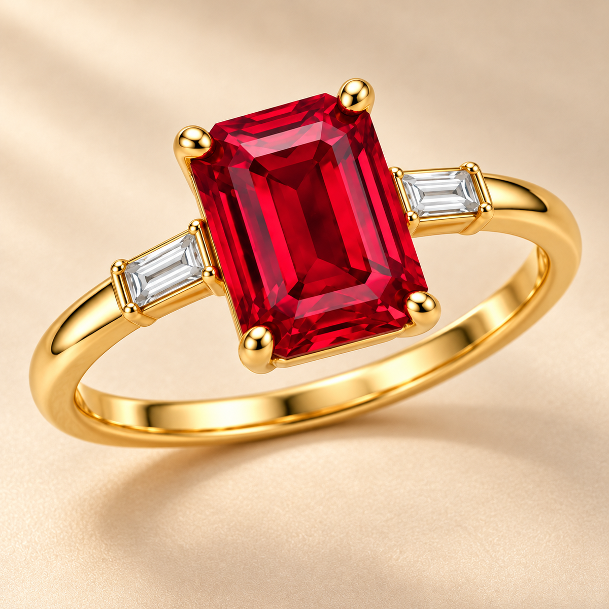 MISSISSI MR01 emerald-cut lab-grown ruby ring in yellow gold with step-cut diamond side stones, three-quarter view on champagne background; design visualization